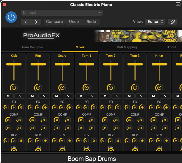 Boom Bap Drums — built-in mixer with EQ, compressor and reverb